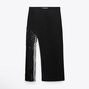 Zara Black Asymmetrical Fringed Linen Skirt XS